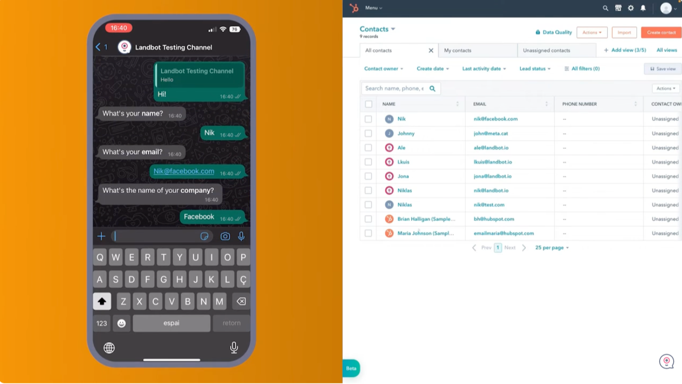 Lead contacts in Hubspot using Whatsapp and Landbot
